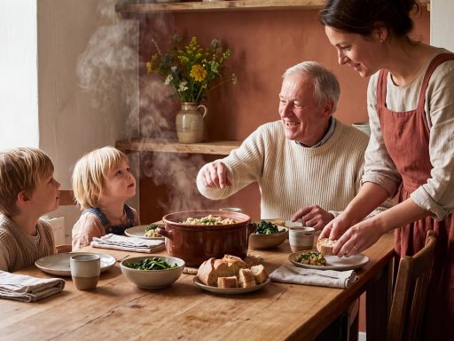 Gezin aan de eettafel waarbij kinderen en ouders met elkaar in gesprek zijn