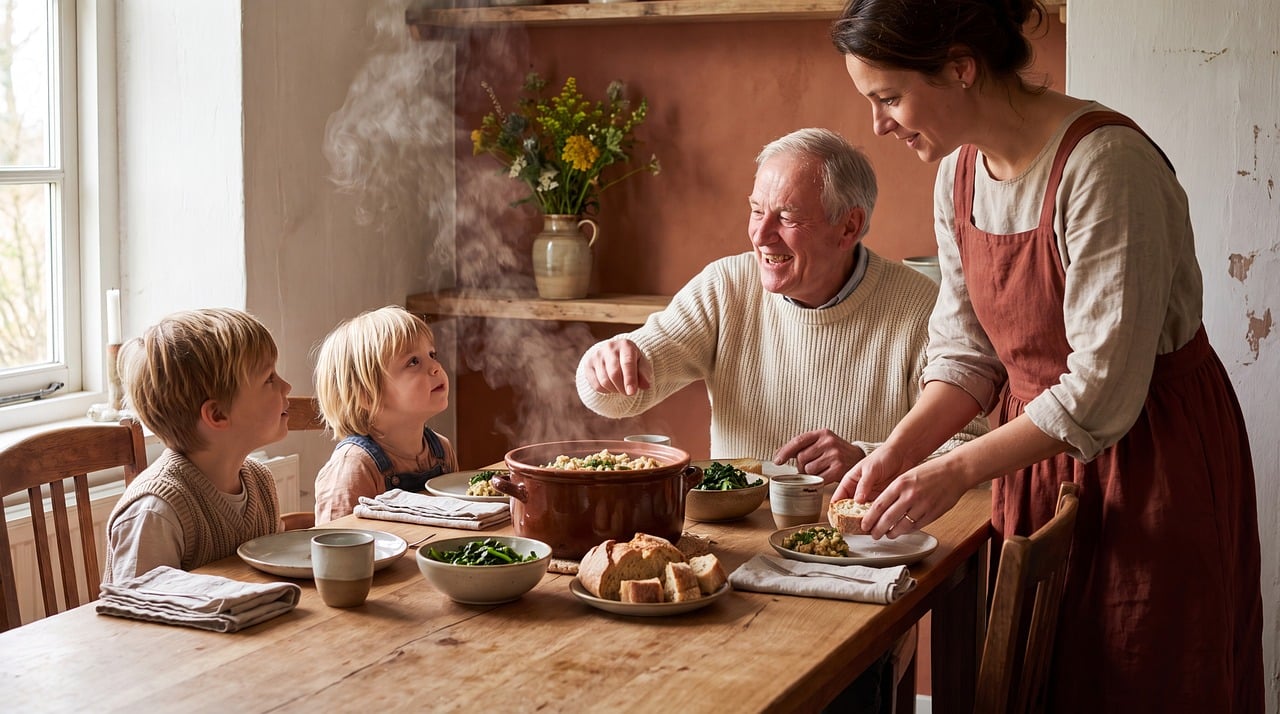 Gezin aan de eettafel waarbij kinderen en ouders met elkaar in gesprek zijn