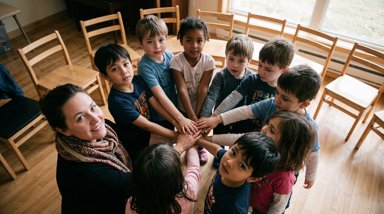 Kinderen in een diverse klas die samen aan een taak werken